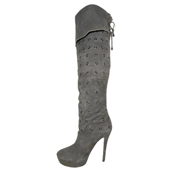 Alexandra G Riveted Tall Tie back Over The Knee Stiletto Grey Suede Boots NWOB - Picture 2 of 9